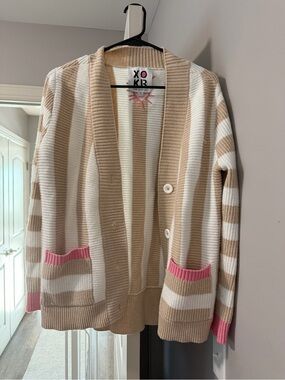 Rosenthal Beige, White & Pink Striped V-Neck Cardigan